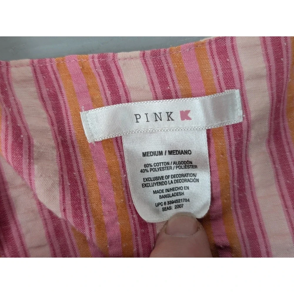 PINK K Women's Pearl‎ Snap Front Seersucker Nightgown Size M Striped Loungewear